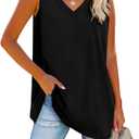 Fisoew Women V Neck Tank Tops Summer Loose Casual Basic Solid Color Sleeveless Shirts Tunic Tops (X-Large, Black)