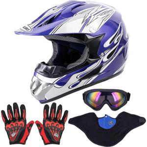  Adult Motocross Dirt Bike Helmet with Goggle, Gloves & Mask - DOT/FMVSS-218 Off-Road Motorcycle & ATV Helmet with Adjustable Sun Visor, Medium, New Blue Flame
