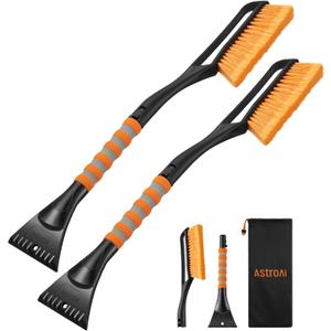 AstroAI 2 Pack 27" Snow Brush and Ice Scrapers for Car Windshield, Detachable Snow Scrapers with Ergonomic Foam Grip for Cars, Trucks, SUVs (Heavy Duty ABS, PVC Brush, Orange)