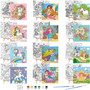 Tenceur 12 Sets Pre Drawn Canvas to Paint Kid Adult Stretched Coloring Painting Canvas Panels with Design Easel and Brushes for Party Supplies Beginner Favor(Unicorn)