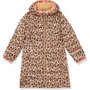 Amazon Essentials Girls and Toddlers' Long Lightweight Hooded Puffer Jacket (Small, Leopard Print)