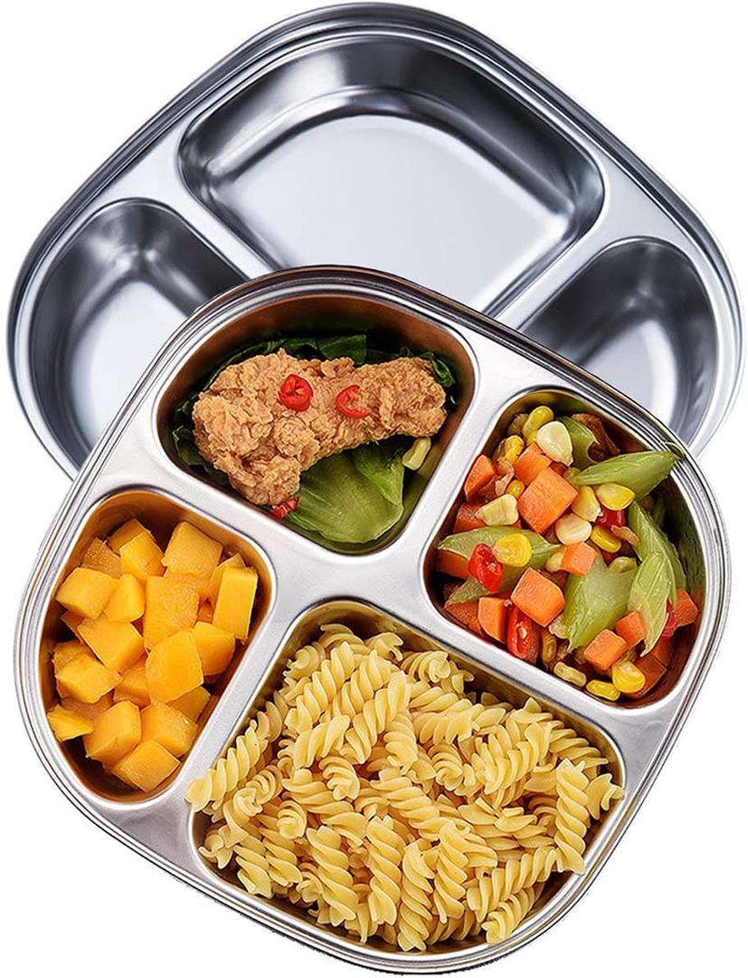 Set of 2 Stainless Steel Dinner Plates 4 Sections Divided Platter Dinner Tray - Lightweight Metal Plate for Adults and Campers, Portion Control Bariatric Weight Loss and Diabetic Diet Plates