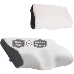 Derila Queen Size Memory Foam Pillow & Additional Pillowcase | Optimal Temperature Control for Your Perfect Sleep. Contoured Support Pillow Improves Sleep