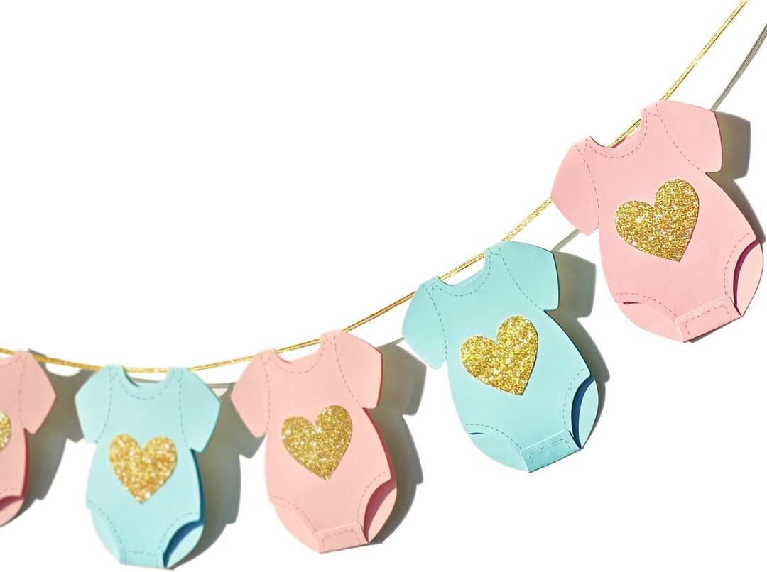 Blue Pink Baby Shower Paper Garland Short-Sleeve Bodysuits Clothesline Garland Gender Reveal Birthday Banner Baby Outfit Pre - Strung Paper Decorations 9 pcs