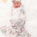Newborn Baby Girl Receiving Blanket Swaddle Blanket Stretchy Knit Swaddle Set with Matching Headband and Beanie with a Name Card (Golden Floral)