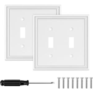 White Modern Decorative Wall Plate Light Switch Cover Decorator Outlet Covers Rocker Switch Plates Bamboo Fiber Material Wall Plates for Kitchen Bathroom (2 Gang Double Toggle-2 Pack)