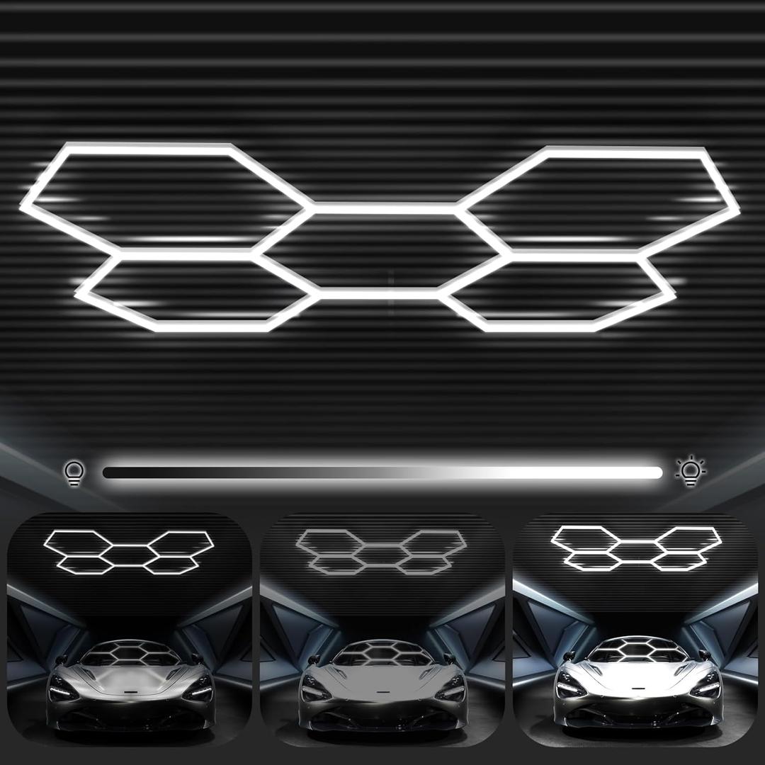Hexagon Garage Lights 3 Level Dimmable, High Brightness 168W 5600 to 18480 Lumens 6500K Honeycomb Hexagon Led Garage Light 5 Grid for Garage, Auto Beauty Shop, Car Detailing Shop, Workshop