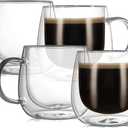 CNGLASS 12oz Double Walled Glass Coffee Mugs(4-pack),Large Clear Coffee Cups with Handle,Glass Espresso Mugs for Latte,Cappuccino,Tea