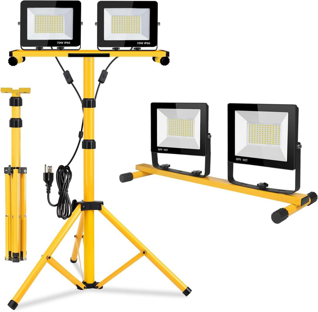22000 Lumen Work Lights with Stand, 2 Adjustable Head LED Work Light, with Adjustable and Foldable Tripod Stand, Waterproof Lamp with Individual Switch with 6500 Kelvin Color (2-head)