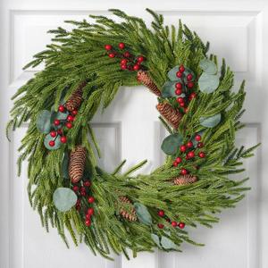 Norfolk Pine Christmas Wreaths for Front Door - 26 Inch Artificial Greenery Wreath with Red Berries for Outdoor Indoor Xmas Holiday Decor, Farmhouse Winter Decorations