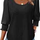 Tankaneo Womens 3/4 Length Sleeve Ladies Tops and Blouses Casual Eyelet Top Crewneck Dressy Shirts with Smocked Cuffs 2025