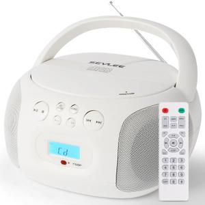 Portable CD Player Boombox Bluetooth 5.4, USB FLAC/MP3, Remote & Sleep Timer, Resume Playback, AM/FM Radio, Battery/AC Powered, Headphone & AUX (SEVLEE Cream White)