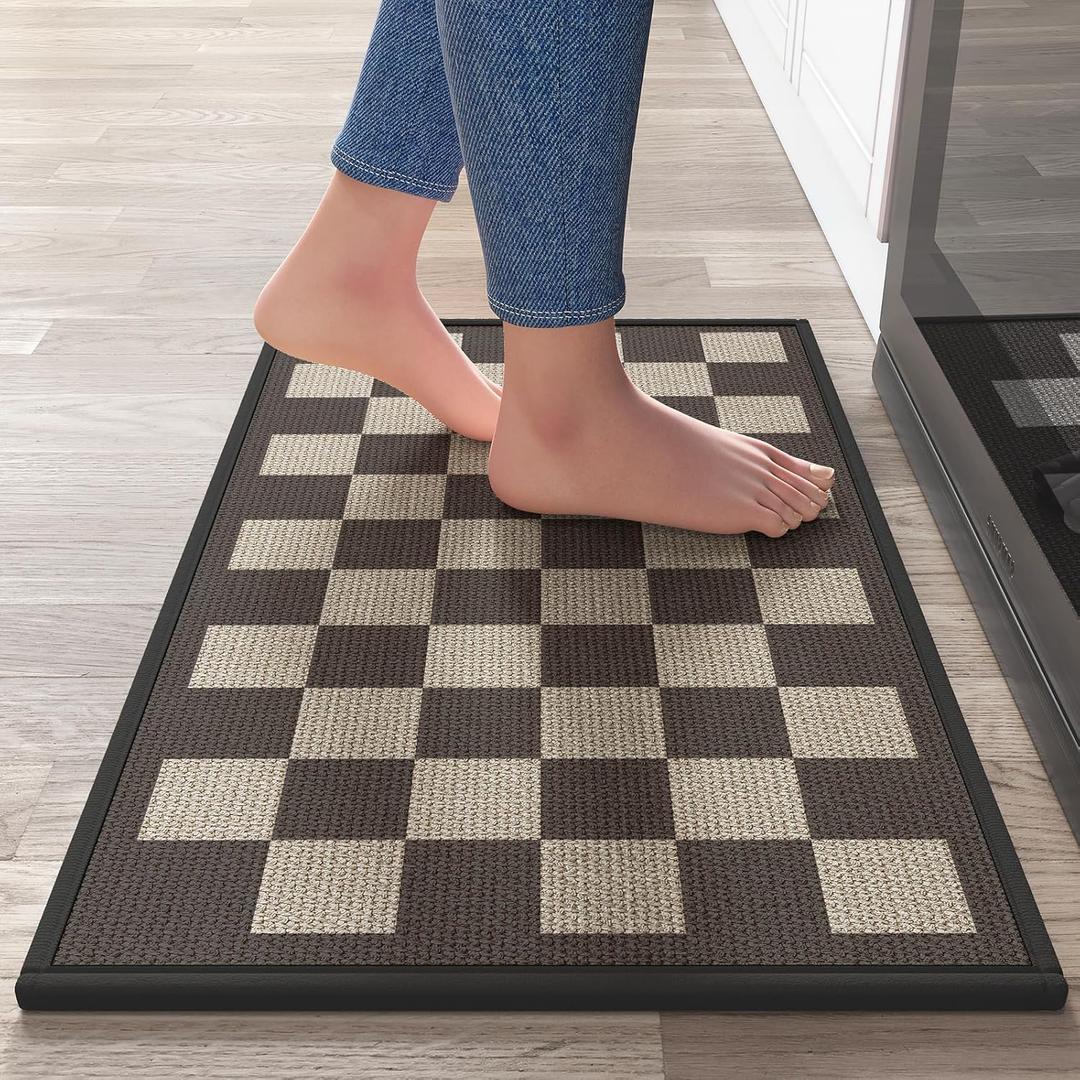 Kitchen Mats for Floor, Super Absorbent Kitchen Rugs Non Slip Washable, Linen-Look Woven Cushion Kitchen Runner Rug, Kitchen Sink Standing Mat, Black Beige Checkered 17"x30"