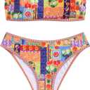 ZAFUL Women Strapless Ribbed High Cut Bandeau Bikini Lace Up 2 Pieces Swimwear (Small, 9-multi Fruit)