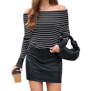 MAKABO Off The Shoulder Sweater for Women Striped Knit Long Sleeve Pullover Sweaters Tops Trendy Outfits (L)