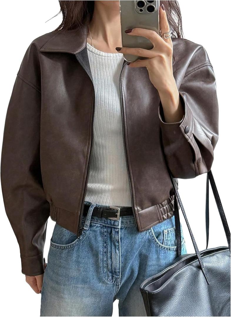 Women's Y2K Faux Leather Jacket Zip Up Crop Bomber Jacket Going Out Motor Bike Motorcycle Coat Streetwear with Pocket (Medium, Brown)