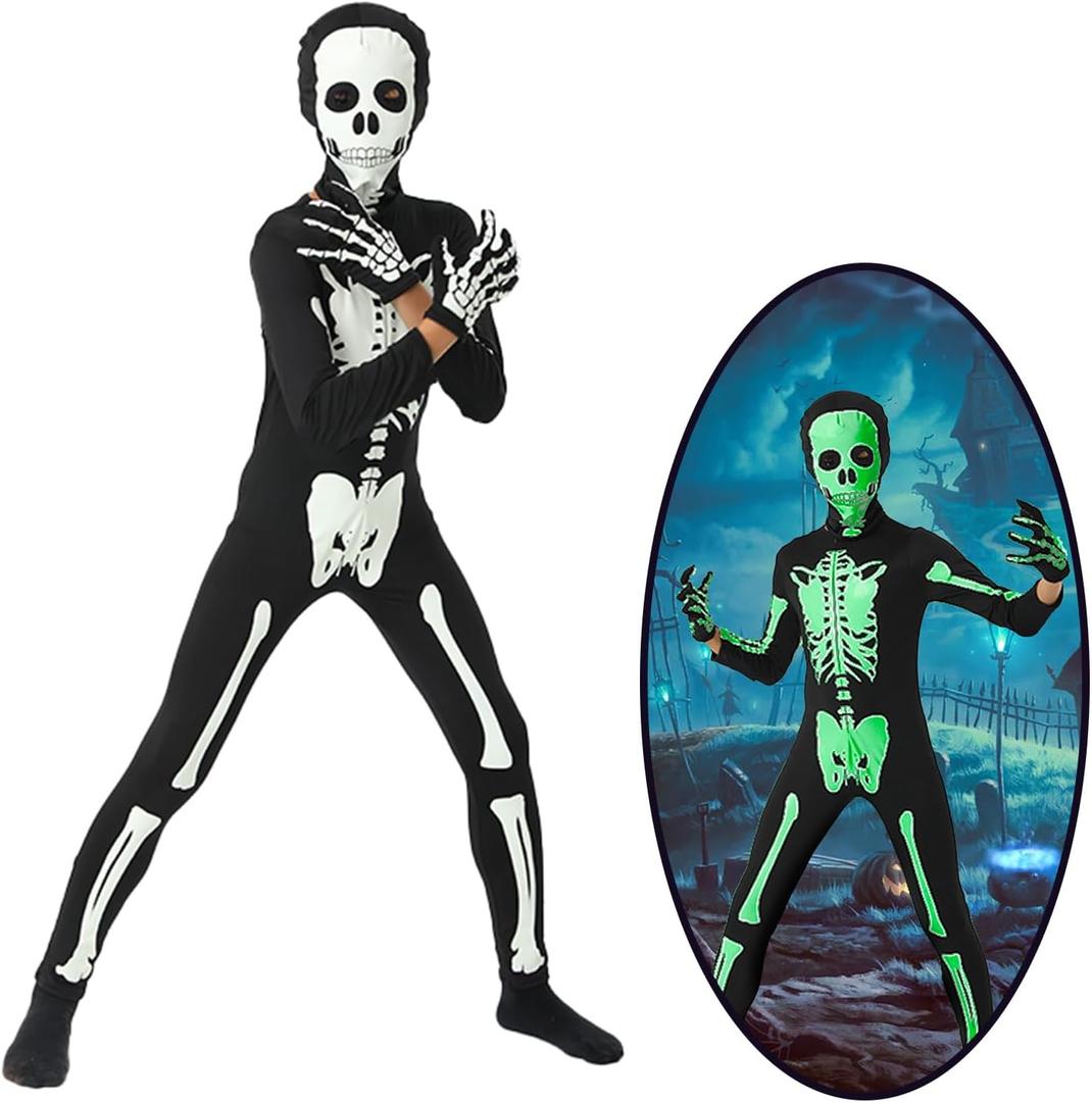 Cupohus Halloween Costume Glow in Dark, Skeleton Costume Bodysuit Jumpsuit - Halloween Outfits, Unisex, Kids