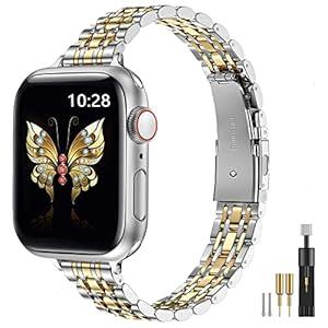 MioHHR Slim Metal Band Compatible with Apple Watch Band 42mm(Series 11 10) 41mm(Series 9 8 7) 40mm(Series 6 5 4 SE3/ 2/ 1) 38mm(Series 3 2 1), Stainless Steel iWatch Bands for Women, Silver/ Gold