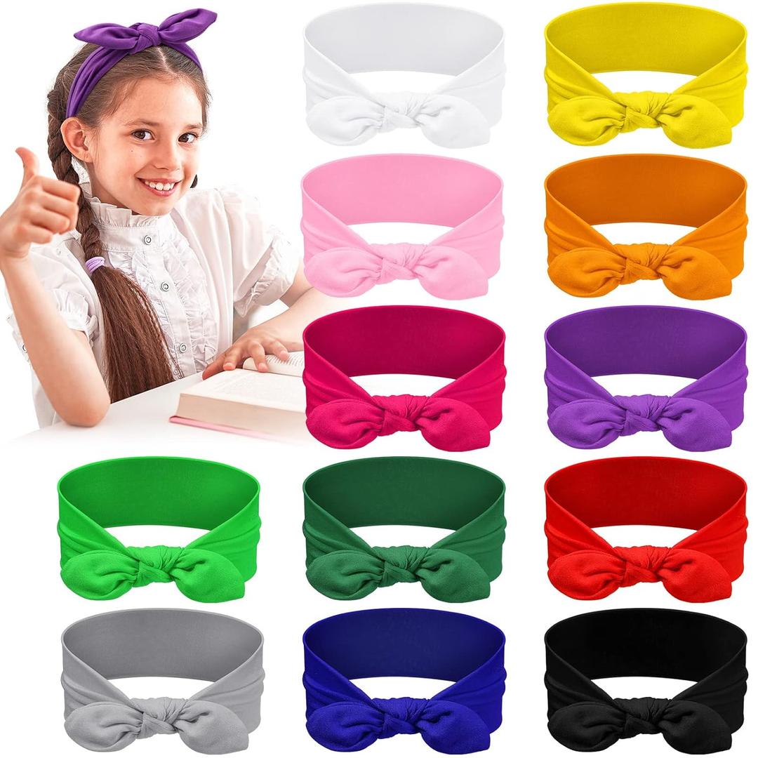 Giegxin 12 Pack Colorful Polyester Cloth Headbands for Girls Removable Rabbit Ear Bow Hairbands Hair Accessories, 12 Colors (Multicolor)