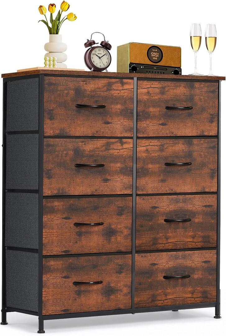 8-Drawer Dresser for Bedroom, Anti-Tip Tall Storage Organizer Chest of Drawers with Wooden Top and Metal Frame Fabric Bins for Closet, Living Room, Hallway, Entryway, Brown, 11.8"D x 31.4"W x 36.3"H