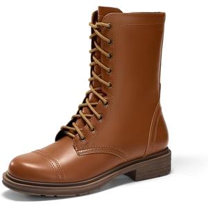Coutgo Womens Mid Calf Combat Boots Low Heel Lace Up Round Toe Military Boots Fall Shoes with Side Zipper (6.5, Brown)