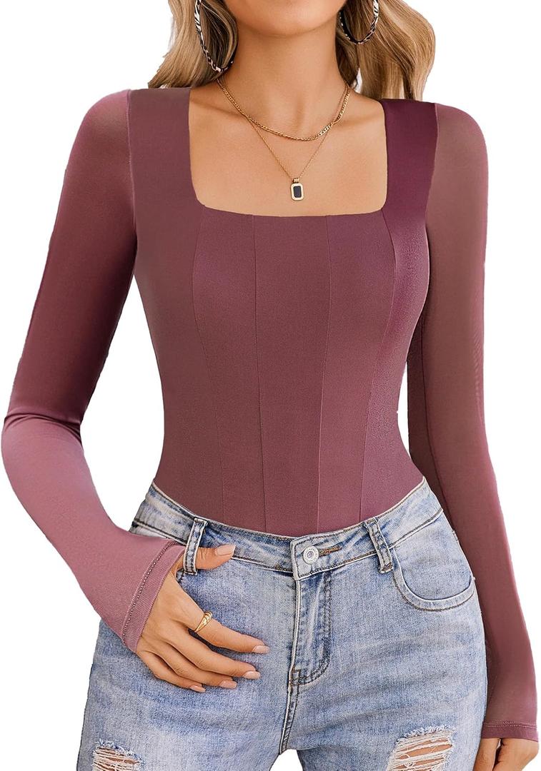 Avidlove Women's Long Sleeve Bodysuits Square Neck One Piece Body Suit Mesh Leotard Tops Double Lined Soft (Medium, Purple Red)