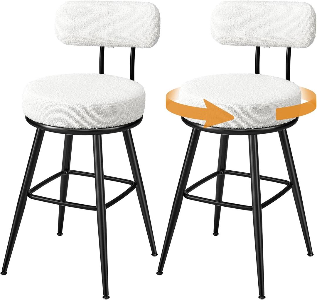 VASAGLE 360 Swivel Bar Stools Set of 2, Counter Height Bar Stools with Back, Boucle Fabric, Contemporary Modern, 25.4 Inch Tall, Kitchen and Home Bar, Cloud White ULBC130W01V1