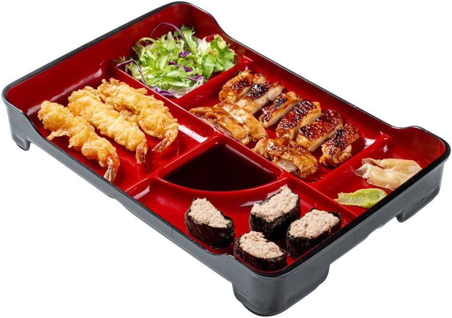 Restaurantware Bento Tek 14 x 9.1 x 2 Inch Compartment Lunch Plates 1 Japanese Style Adult Lunch Plate - With 5 Compartments Reusable Black & Red Plastic Separated Meal Plate For Hot & Cold Food