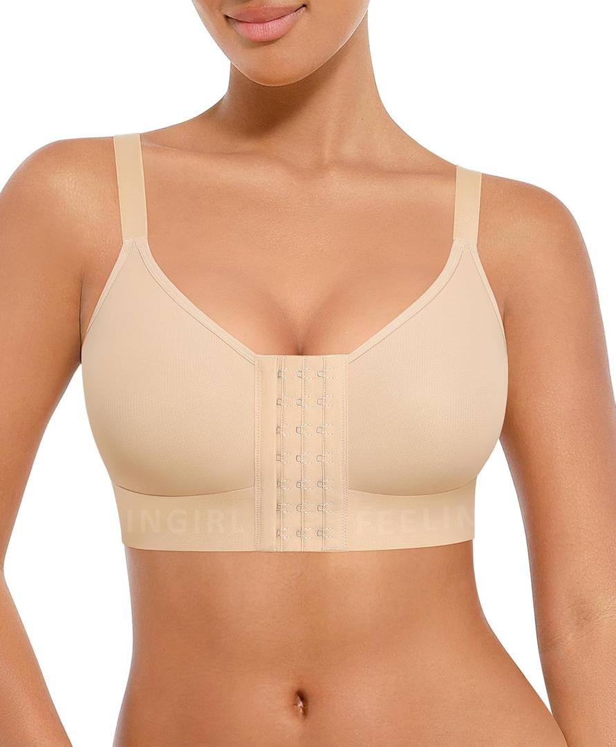 FeelinGirl Post Surgery Bras for Women Front Closure Mastectomy Bras Surgical Wireless Full Coverage Compression Bra (Large, Beige)