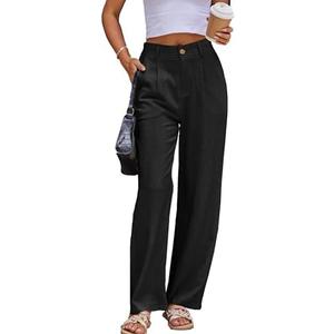 heipeiwa Women's Linen Pants Casual High Waist Wide Leg Straight Dress Cotton Linen Button Trouser Summer Clothes, S