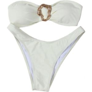 SHENHE Women's 2 Piece Strapless Swimsuits High Cut Metal Ring Tube Top Bandeau Bikini Set Beige X-Small