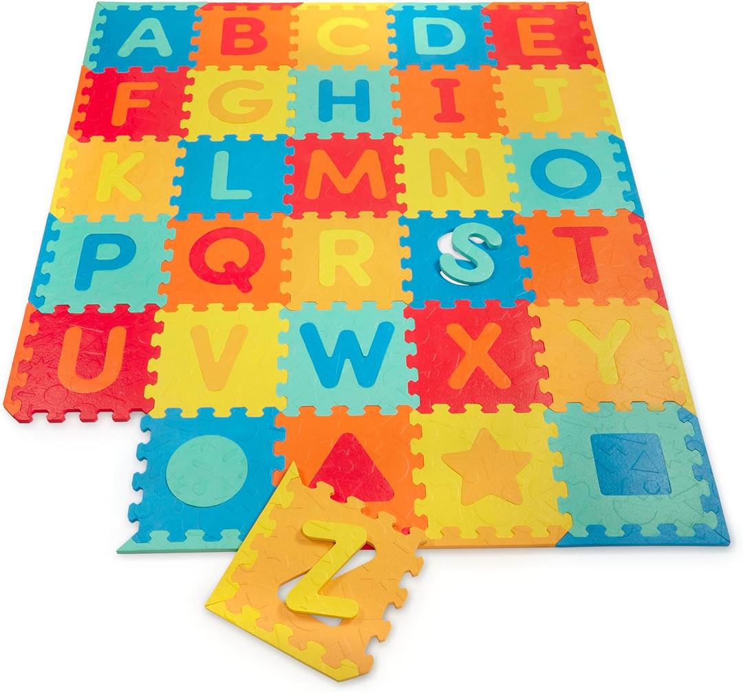Battat  82 Pieces Foam Alphabet Floor Mat  Large 55x65in Interlocking ABC Puzzle Mat  Floor Puzzle with Removable Shapes for Babies & Toddlers  0 Months