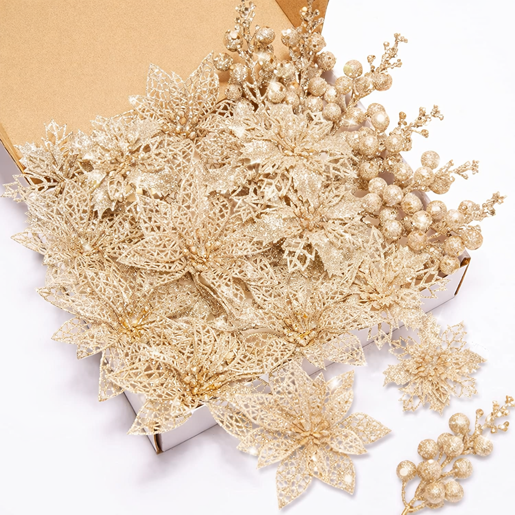 Zhuqing 22Pcs Christmas Poinsettia Artificial Flowers and Glitter Berries Stems Kit, 16Pcs Christmas Tree Flowers Ornaments and 6 Pack Christmas Tree Picks for Wedding Holiday Decorations (Champagne)