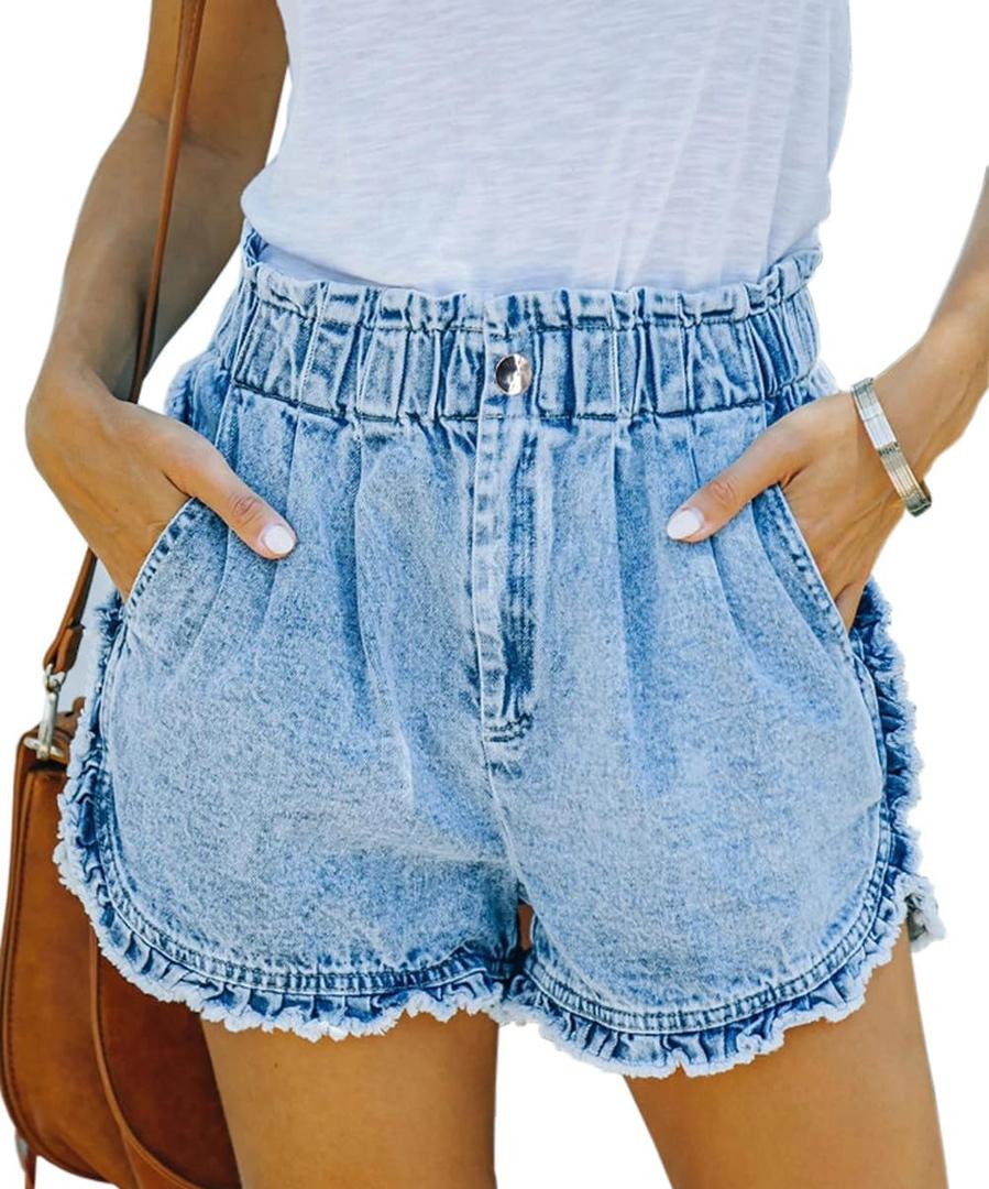 YOCUR Womens Lightweight Shorts Casual Baggy Trendy Hot Pants Elastic Waist Drawstring Comfy Shorts (Large, E01-light Blue)