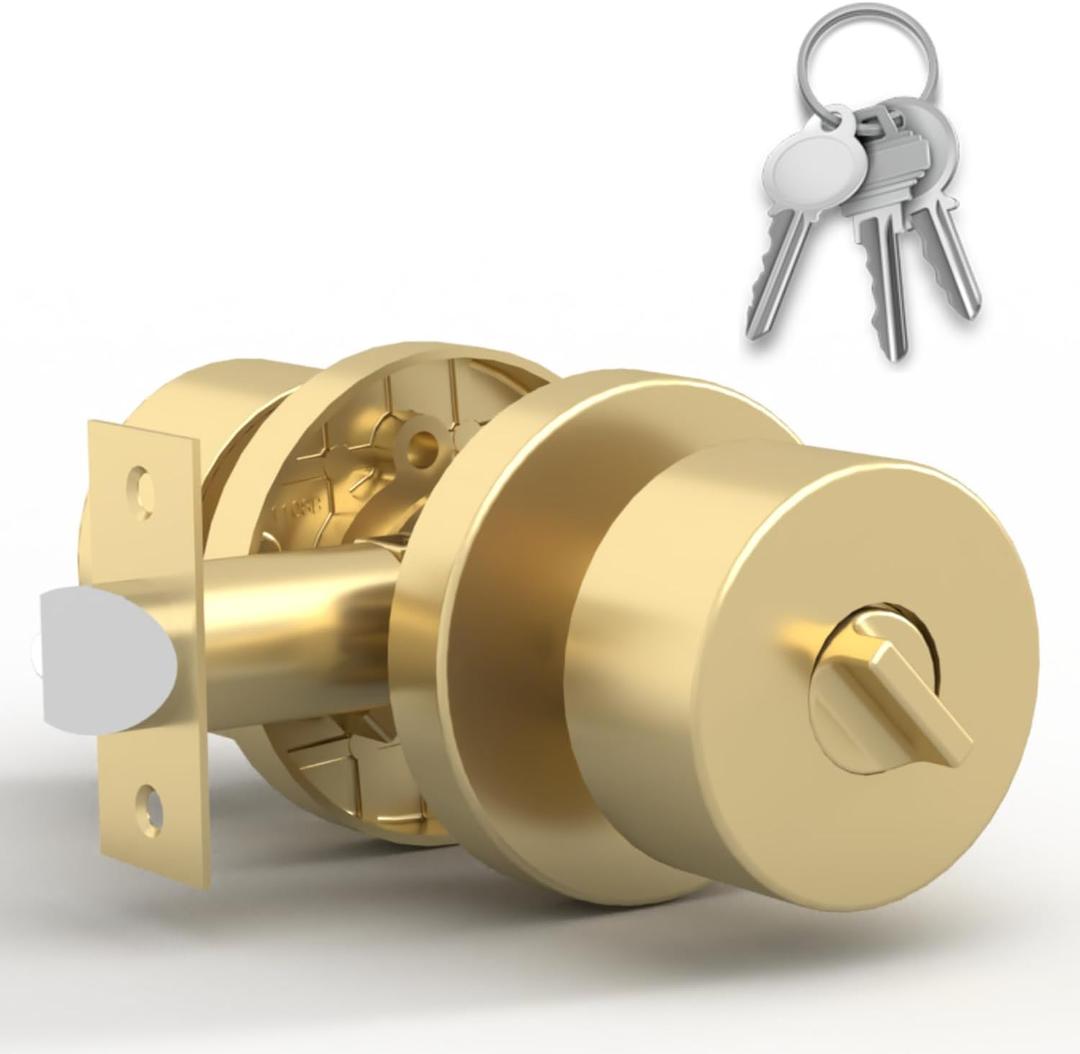 Mega Handles Buena Entry Door Knobs - 1 Pack Reversible Gold Door Knob, Heavy Duty Keyed Entry Door Knob with Lock for Entrance & Bedroom, Fits All Standard Door Sizes - Satin Brass