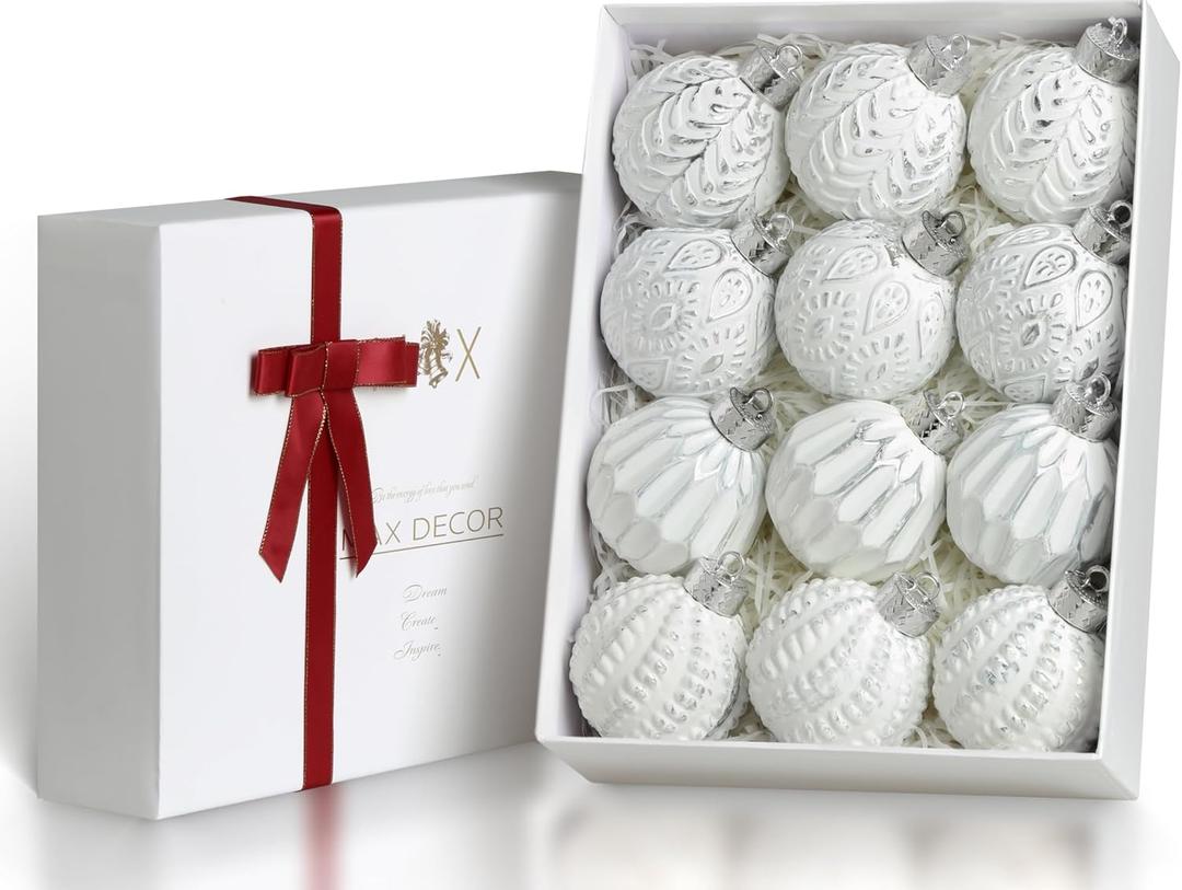 White and Silver Rustic Christmas Ball Ornaments, 3.15 inches Vintage Christmas Tree Decorations, 12 PCS Large Shatterproof Neutral Farmhouse Luxury Ornaments for Xmas Tree, Home Decor