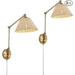Fetason Gold Dimmable Plug in Wall Sconces Set of 2 with Swing Arm, Hand Woven Rattan Wall Sonce Light Fixture, Vintage Bedside Wall Mounted Lamp for Bedroom Living Room Home Office