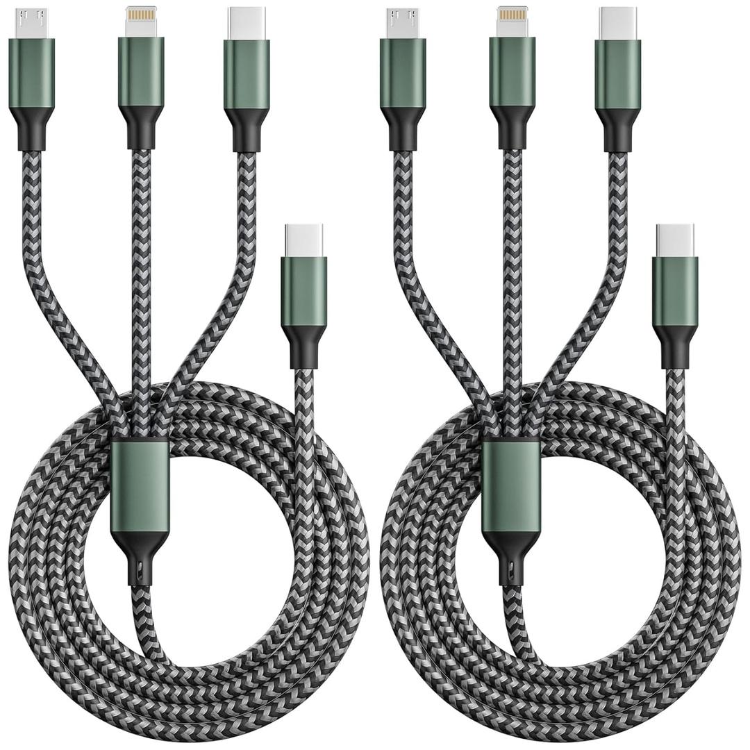 Travel Essentials USB C Multi Charging Cable, Travel Charger For Multiple Devices 3 In 1,Universal Charger Cord With Type-C,Lightning, Micro Port For Iphone16/15/14/Android Phones And More (2Pack 4FT)