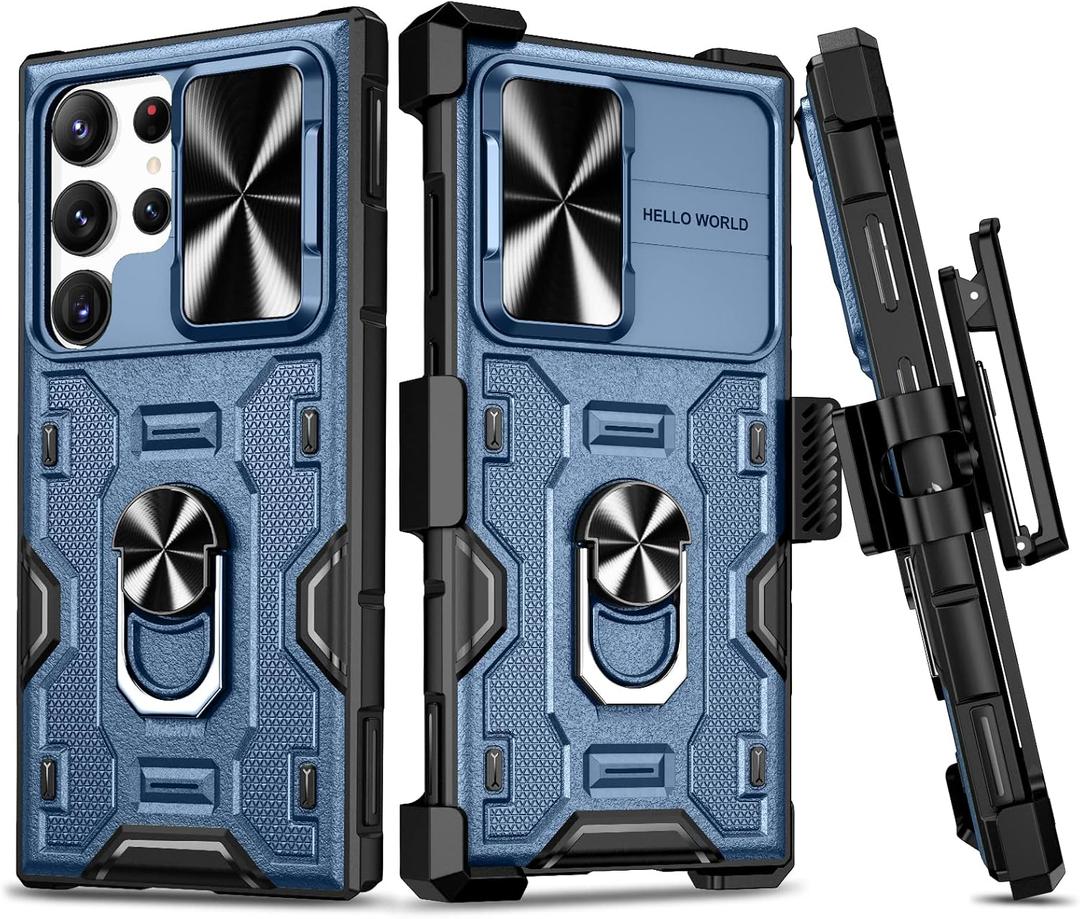 VEGO Case for Galaxy S23 Ultra Case with Stand, Slide Camera Cover & Magnetic Ring Kickstand & Rugged Belt Clip Holster Shockproof Case Compatible with Magnetic Car Mount Holder - Dark Blue
