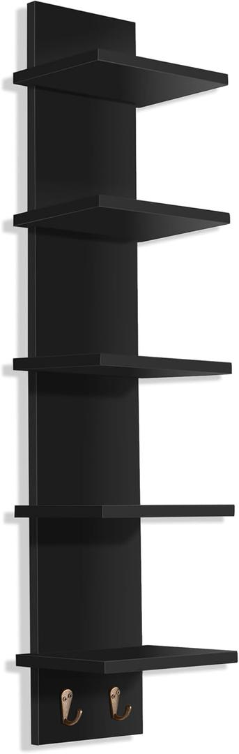Sorbus 5 Tier Wall Shelf Unit with Hooks, Vertical Column Utility Shelving for Home Decor and Storage Organizer, Wall-Mounted Floating Shelves for Bathroom Storage, Bedroom, Living Room (1 Pack, Black)