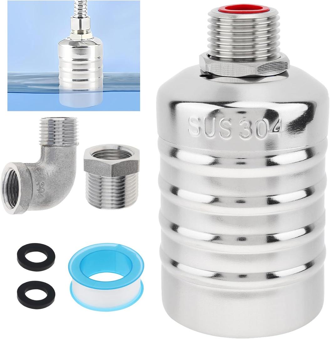 Float Valve, 304 Stainless Steel 1/2inch to 3/4inch Auto Fill Shut Off Water Float Valves Fully Automatic Water Level Control for Water Tank, Pool, Tower, Livestock Troughs