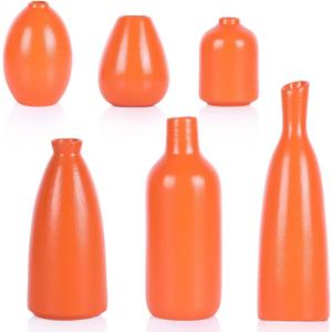 Matte Orange Vase Set of 6 - Bud Vases in Bulk, Modern Minimalist Flower Vases for Home Decor, Ceramic Mantle Vase Set, Rustic & Boho Centerpiece Vases for Entryway Table, Shelf, Living, or Bathroom