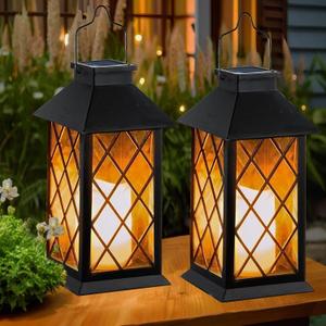 Solar Lanterns Outdoor Waterproof, 2 Pack 9" Glass Hanging Solar Lights with Flickering Flameless Candle, Outdoor Lanterns for Patio Wall Porch Table Garden Tree, Gift for Women Mom - Black