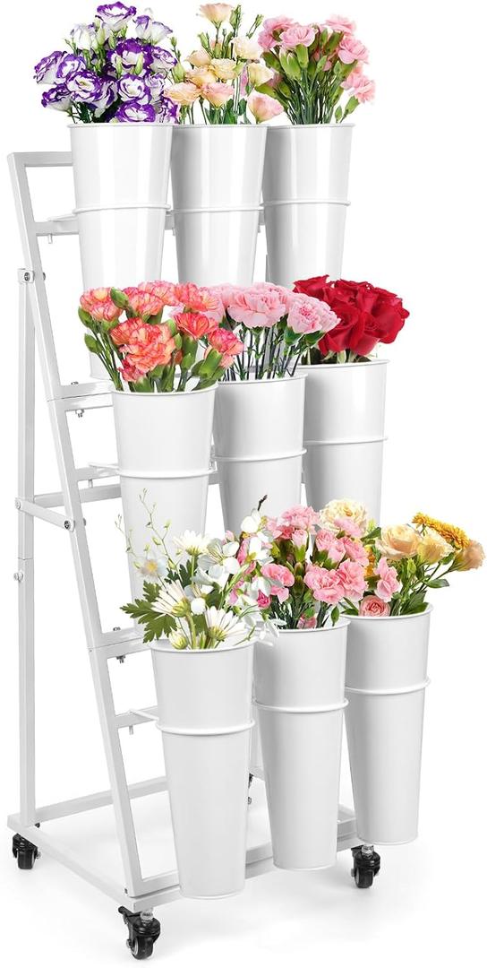 Flower Display Stand With 9 Buckets,Flower Bar with Wheels,Flower Cart Display Stand for Florist Garden Wedding Home Decor (White)