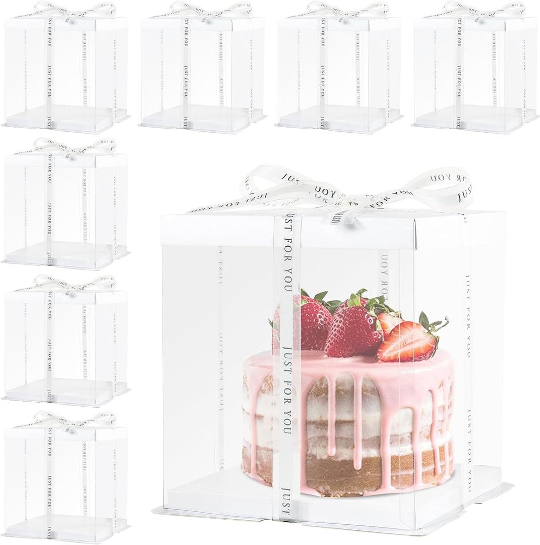 8Pcs Tall Cake Boxes Clear Box with Ribbon, 8x8x9 inch, for 6" cajas para pasteles Tiered Cakes,Transport Gift Boxes for Wedding Valentine'Day and Gift Display. (White, 8 * 8 * 9 inch/8pcs)