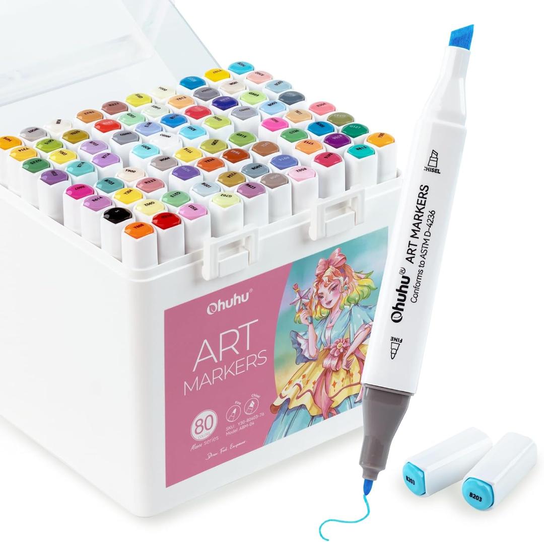 Ohuhu Markers for Starters, 80-color Chisel & Fine Dual Tips Alcohol Markers Coloring Illustration Sketching Alcohol Art Marker Set for Adult Beginner, Great Value Pack for Students' Art Class -Manoa