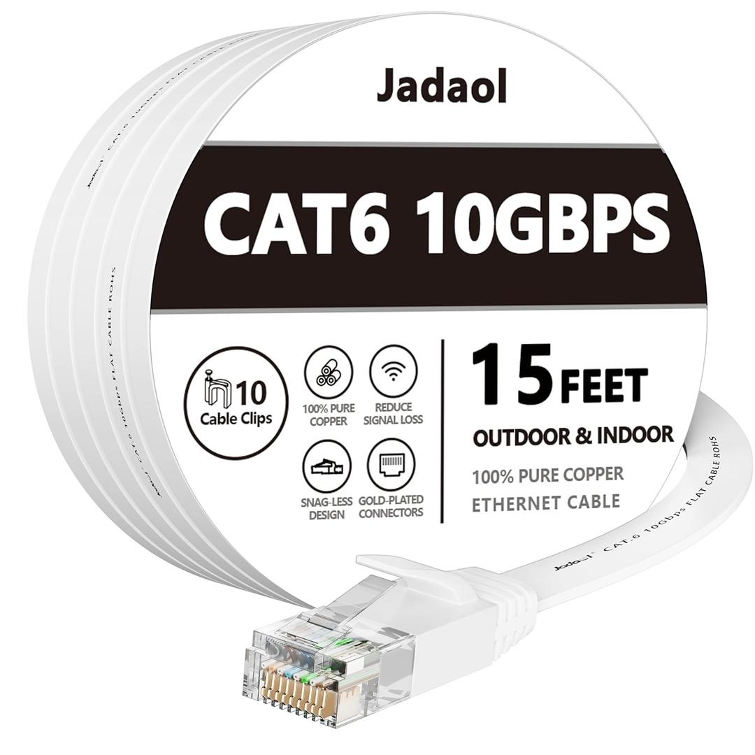 Jadaol Cat 6 Ethernet Cable 15 ft, Outdoor & Indoor 10Gbps Support Cat8 Cat7 Network, Flat RJ45 Internet LAN Computer Patch Cable for Router, Modem, Switch, Gaming Consoles, Streaming Devices, White