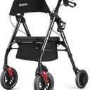 Ambliss Lightweight Folding Rollator Walker for Seniors with Seat, 10" All-Terrain Non-Pneumatic Wheels, Wide Padded Seat & Breathable Backrest, Adjustable Height 5'2"-6'7", 300 lbs Capacity Black