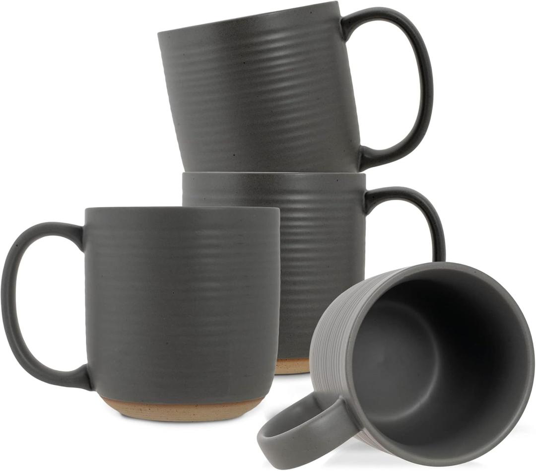 Elanze Designs Ribbed Ceramic Stoneware 16 ounce Raw Clay Bottom Coffee Mugs Set of 4, Grey (Gray)
