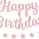 Pink Happy Birthday Banner for Women/Girl Birthday Party Decorations Glitter Star Birthday Garland Banner Sign